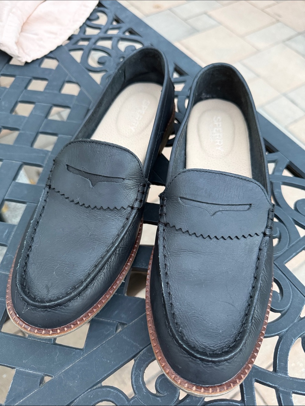 Sperry Black Leather Moc Toe Penny Loafers with Brown Trim